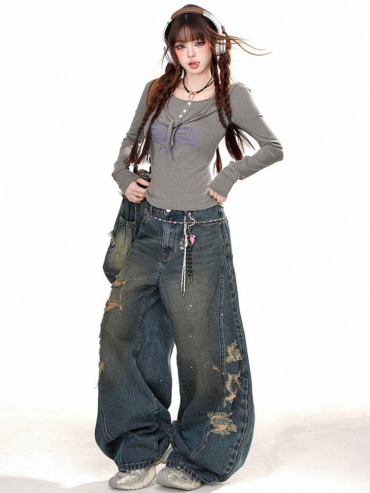 グレー/ブラウン レタープリント スリムフィット ロングスリーブ フード付きTシャツ