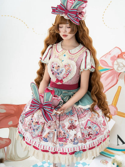 Pink & Green Alice Cat Vibes Heart-shaped Patch Sweet Lolita Dress with Apron Belt - Mewroco