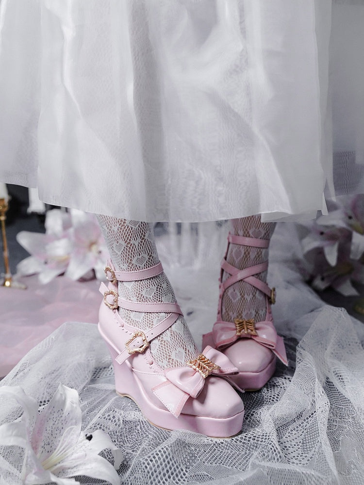 Pink Gothic Lolita Polished Shoes with Butterfly Bow & 10cm Slope Heel - sphenoid