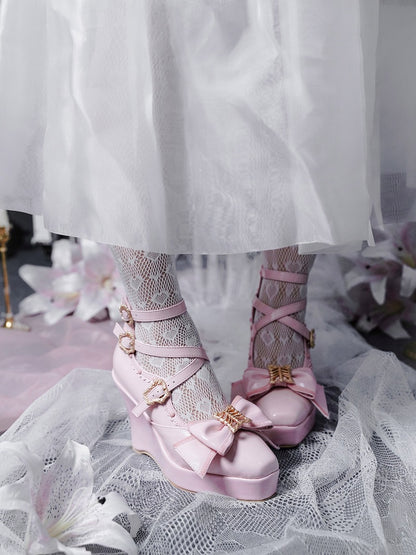 Pink Gothic Lolita Polished Shoes with Butterfly Bow & 10cm Slope Heel - sphenoid