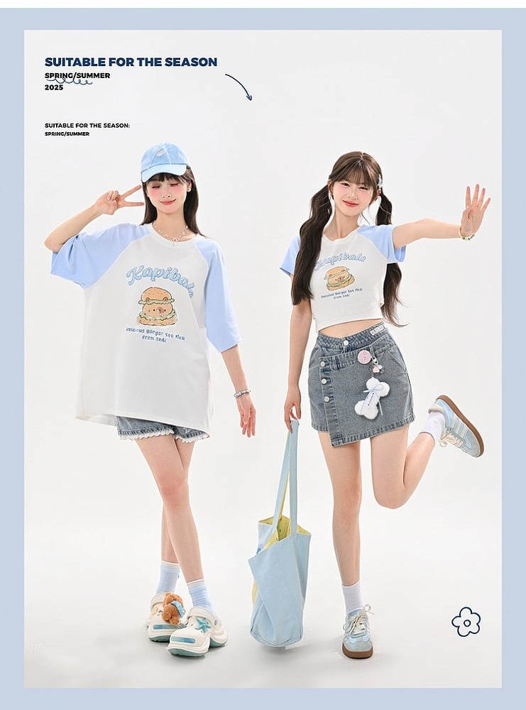 Blue Colorblock Design Capybara Burger Print T-Shirt Long/Short Version