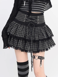 Black and Gray Plaid Lace-up Waist Tiered Skirt