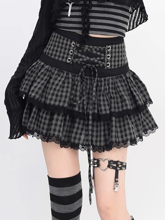 Black and Gray Plaid Lace-up Waist Tiered Skirt