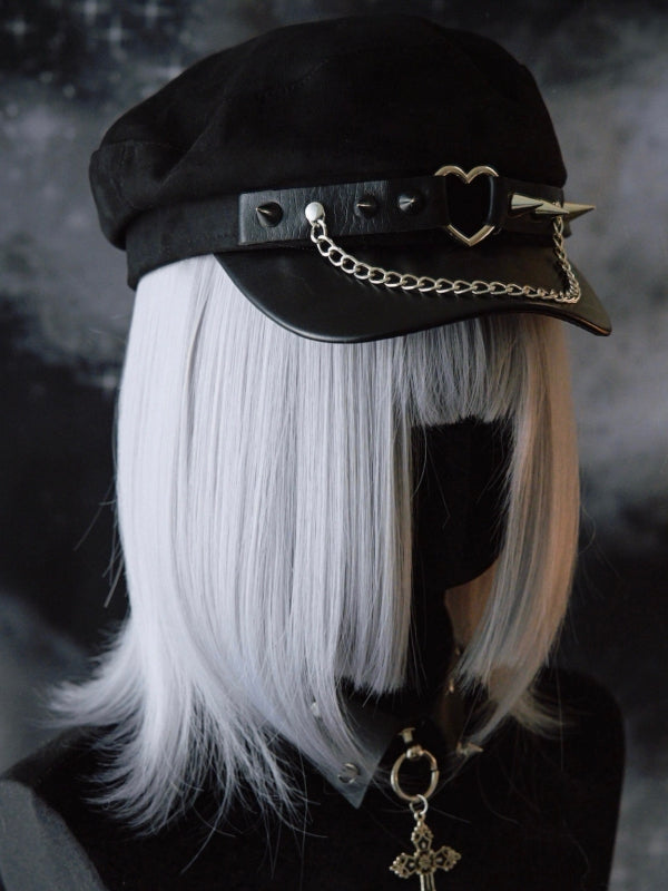 Studs Gothic Ring Beret Black Details Hat Chain Heart Charm