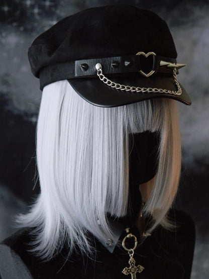 Heart Charm Ring Beret Details Hat Studs Black Gothic Chain