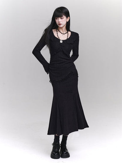 Black Round Neck Bead Details Slim-fitting Mermaid Dress