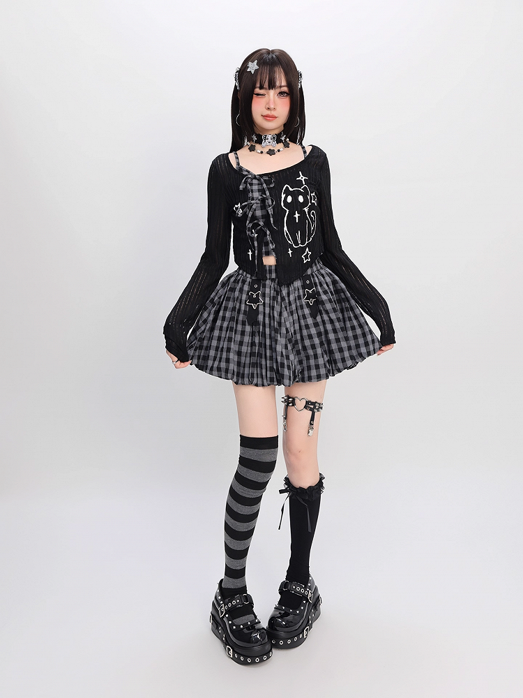 Plaid Bubble Skirt Y2K Gray / Red Star Buckles Black Black