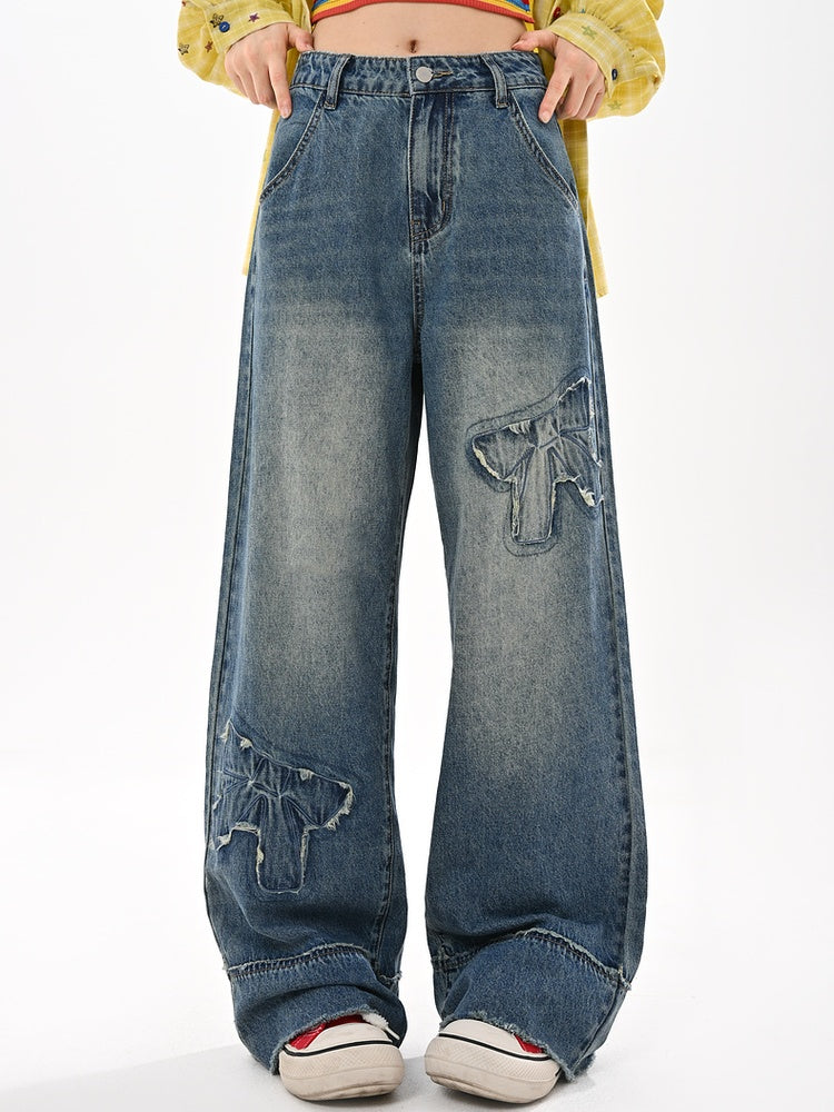 未加工ワイドレッグジーンズ ウエストリボンアップリケ ブルー ローヘム ヴィンテージ