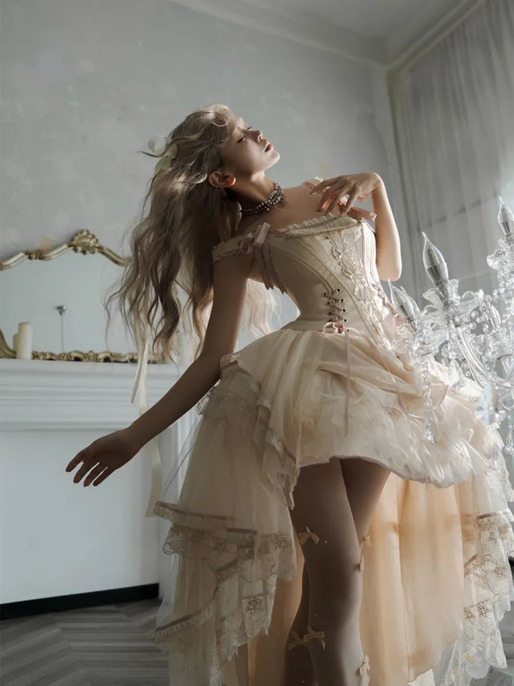 シャンパンレースアップディテールボーンコルセットトップ+ハイローレイヤードロリータスカートBE002