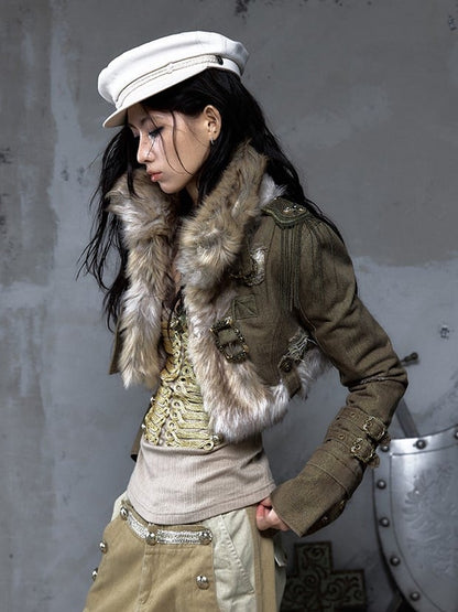 Buckle Punk Denim with Fur Crop Street Green Straps Faux Vintage Collar Jacket