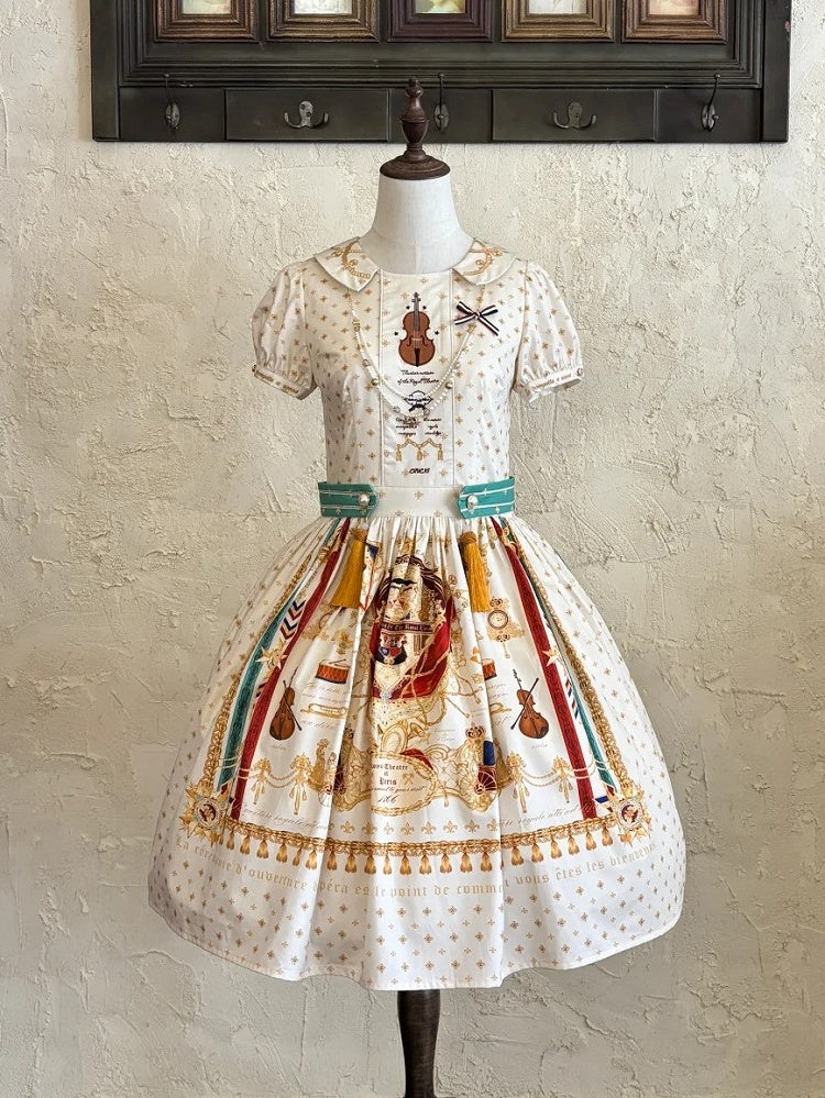 Short White Musical Print Peter Pan Collar OP Dress with Tassels - Crucis Universal Tailor Company