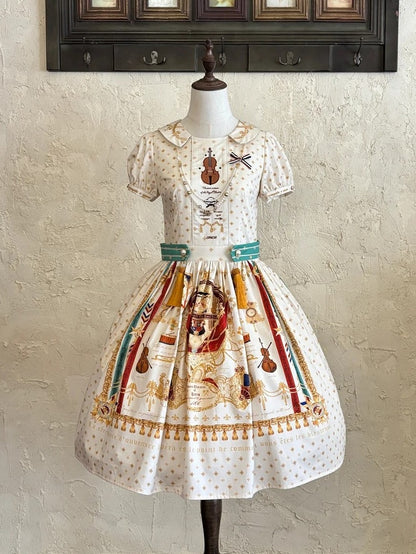 Short White Musical Print Peter Pan Collar OP Dress with Tassels - Crucis Universal Tailor Company