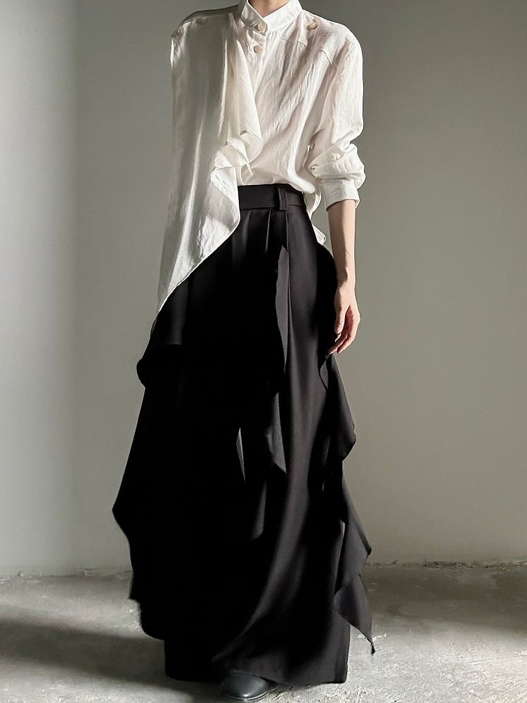 Accents with Zip Black Pants Ruffle Wide-leg Closure Ouji and - Cascading Button