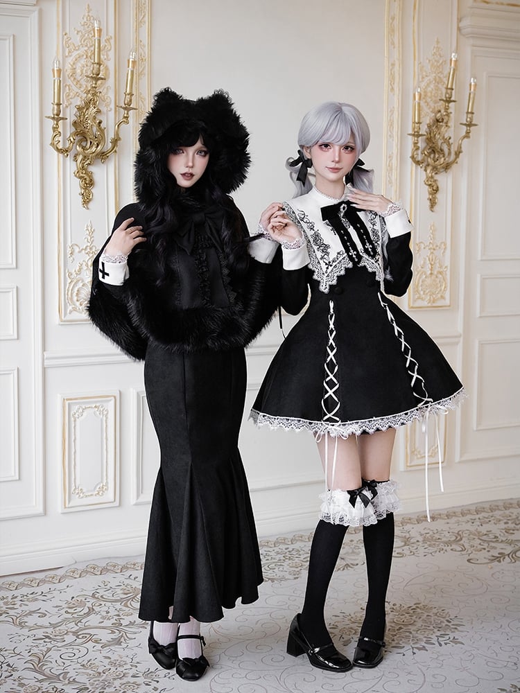 Cape Winter Black with Cat Ear Faux Fur Lolita Trim Hooded