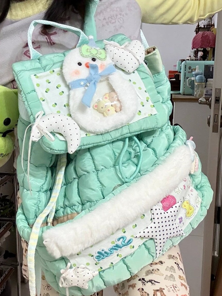 Mint Green Vintage Y2K Backpack with Snowman Detail - Black Cherry Sauce