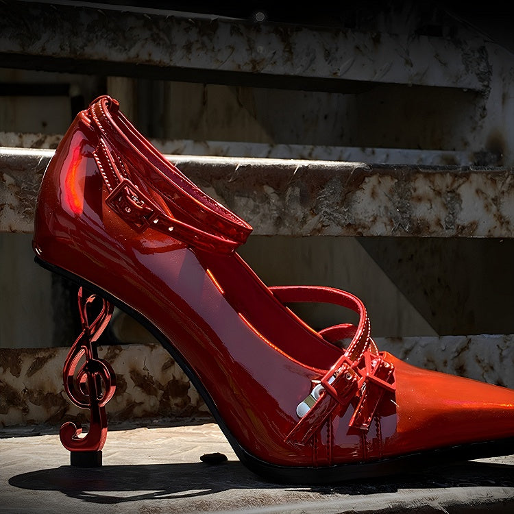 Gothic Pointed Shoes Note Music with Toe Style 8cm Design Red Heel