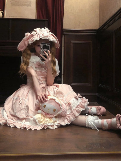 Rock Sweetheart Weiß Lolita Jumper Old Dress School Applikation Baumwolle Rosa und