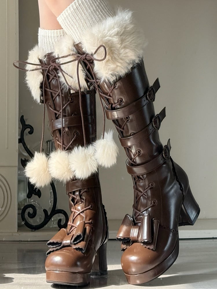 Dark at Closure - Top Boots Hybrid Elegant Brown Winter Lolita Bow