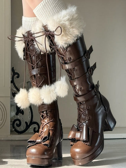 Dark at Closure - Top Boots Hybrid Elegant Brown Winter Lolita Bow