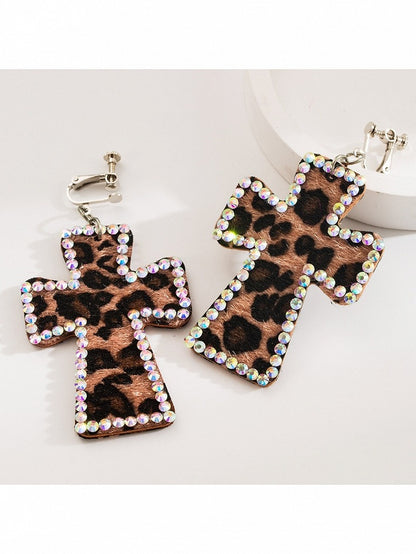 Y2K Cross Rhinestone Ear Clips with Leopard Print - WhaleHall