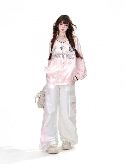 Lockeres Sweatshirt mit V-Ausschnitt und Streifenmuster in Rosa/Grau