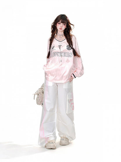 Loose V-Neck Sweatshirt Pink/Gray Striped Pattern