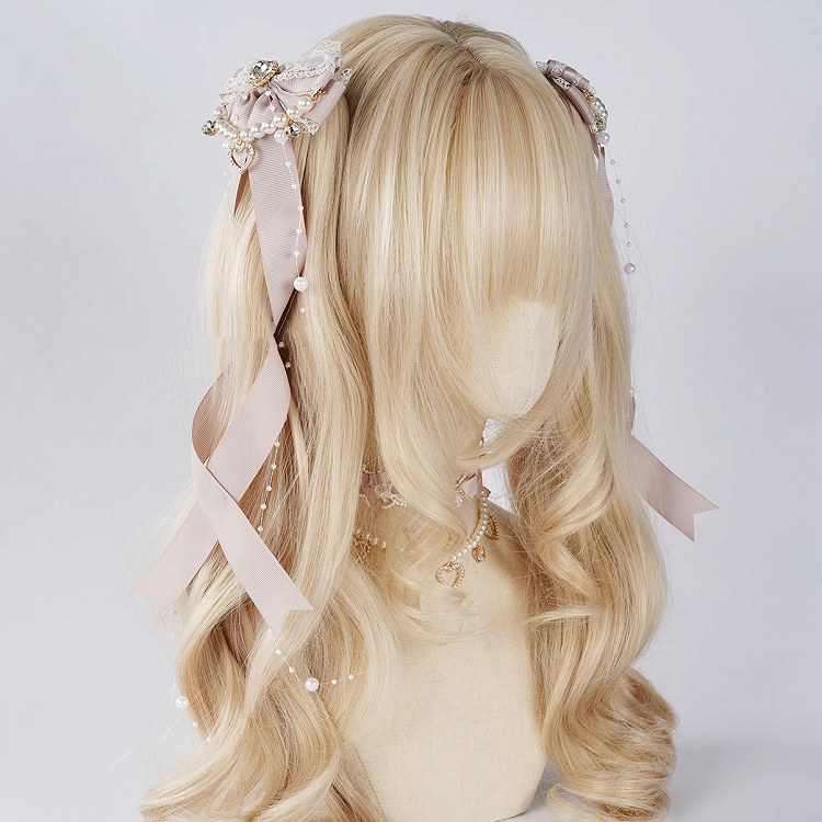 Rhinestone Bow Hairclips with Beaded Chains 5 Colors Jirai Kei Heart