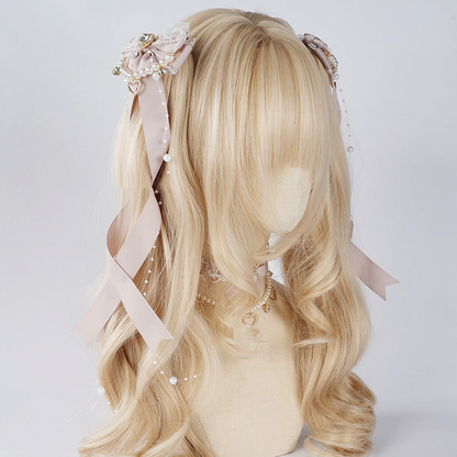 Rhinestone Bow Hairclips with Beaded Chains 5 Colors Jirai Kei Heart