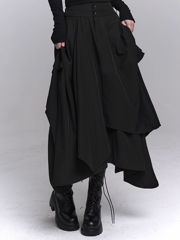 ブラックフロントボタンプラケットアシンメトリーヘムスカート