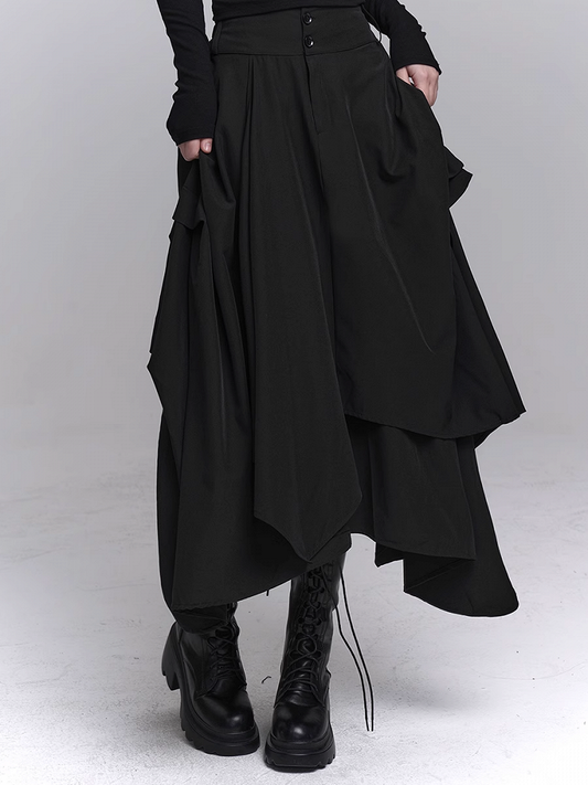 ブラックフロントボタンプラケットアシンメトリーヘムスカート