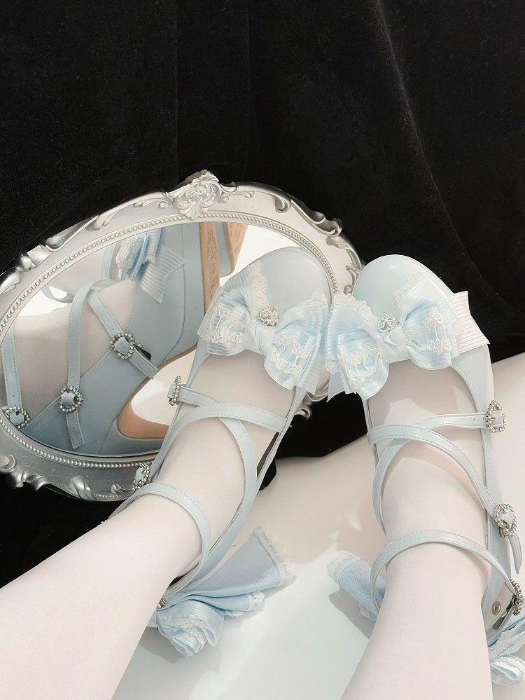 Hohe Schnalle Blau Design Heels Herz Crisscross Top Licht an der Schleife