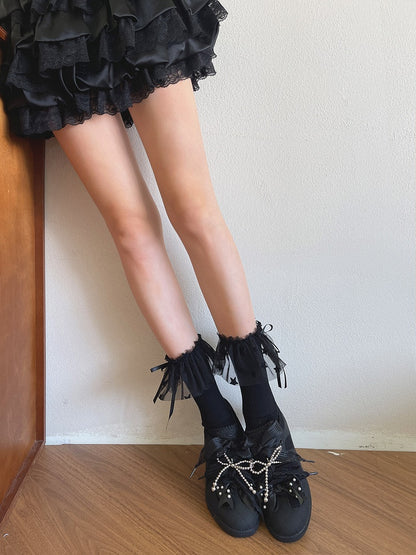 Lolita Star White/Black Trim Mesh Calf Pattern Sockswith Bow Decoration