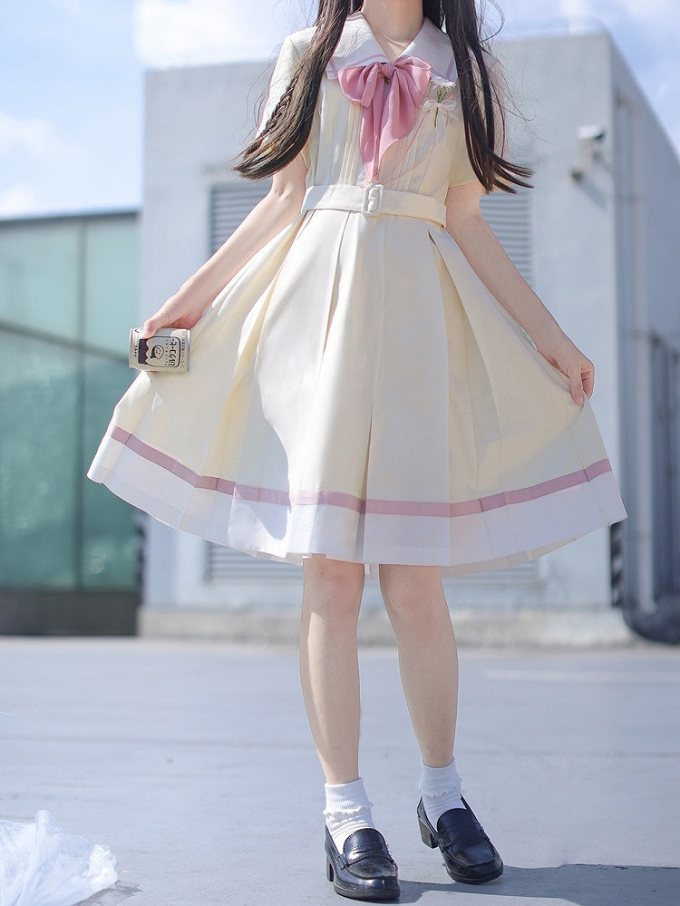 mit Faltenkasten Matrosengelb Milch Taille Kleid Rock Kragen Gürtel