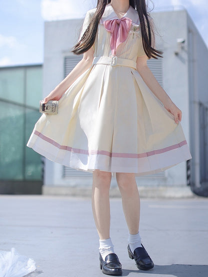 mit Faltenkasten Matrosengelb Milch Taille Kleid Rock Kragen Gürtel