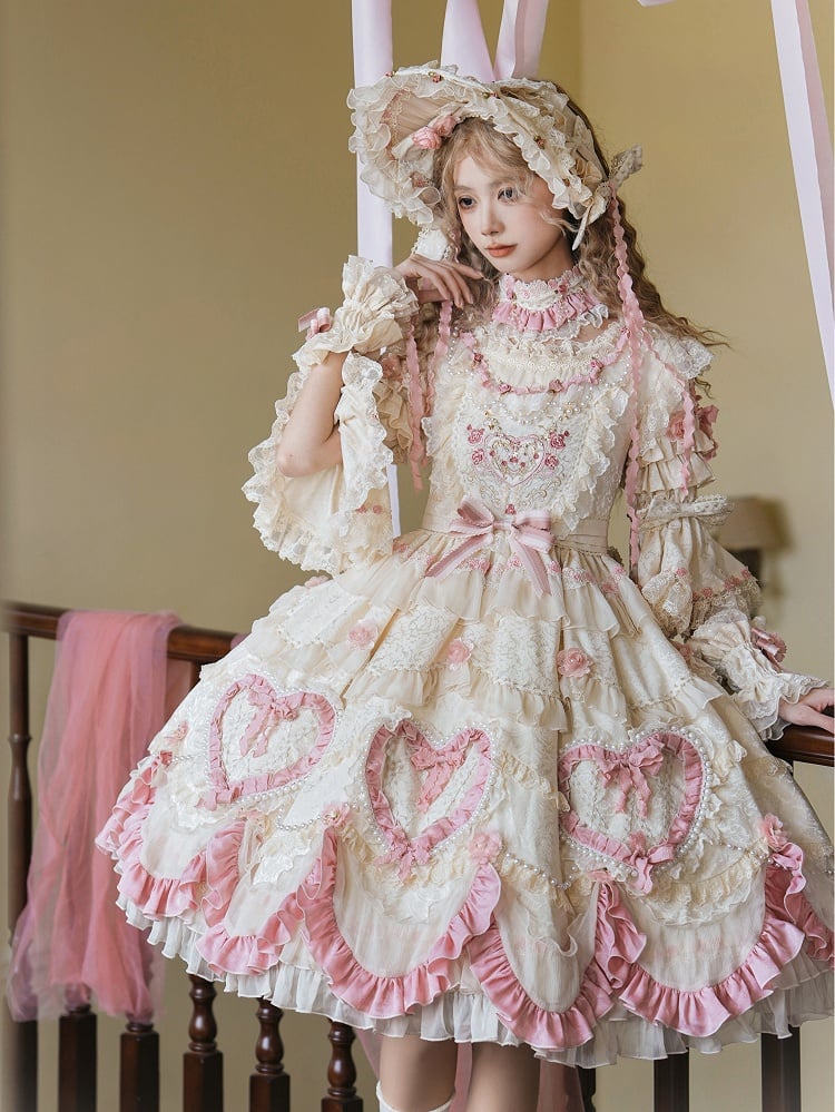 Beige Hanayome Rosette Embroidery Floral and Bead Chain Lolita OP Full Set