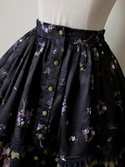 Front Placket Floral Bunny and with Jacquard Lolita Skirt Print Button
