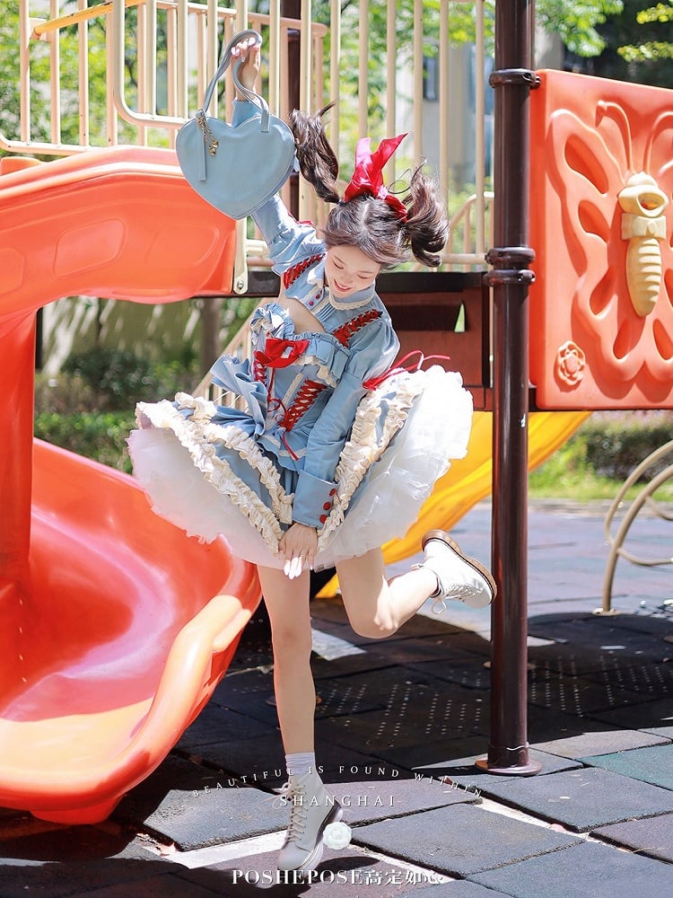 Blue Corset Lace-up + Skirt Set Bolero Top Boned Puffy Full