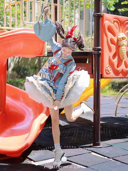 Blue Corset Lace-up + Skirt Set Bolero Top Boned Puffy Full