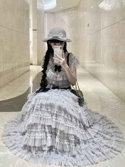 Elegant Waist + Cotton Skirt Tulle Lolita Vest Set Multi-layered Mesh Classic Gray Belt Dotted -