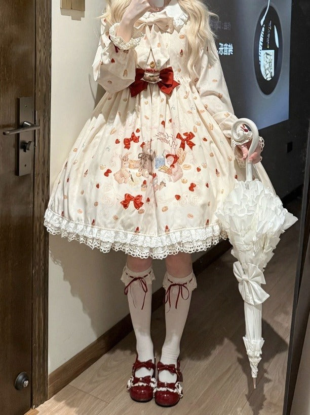 Peter Pan Collar Bear & Cake Print OP Dress with Bow - Honey Village