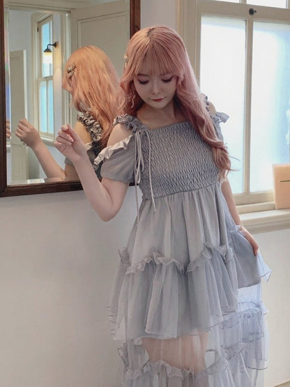 Dusty Blue Puff-Sleeve Dress with Tiered Tulle Hem - Smyster