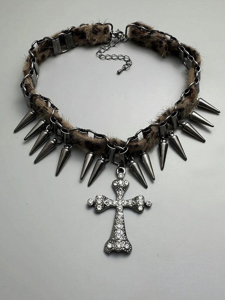 Leopard Print Punk Choker with Spikes & Cross - YSHXS