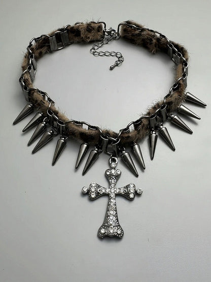 Leopard Print Punk Choker with Spikes & Cross - YSHXS
