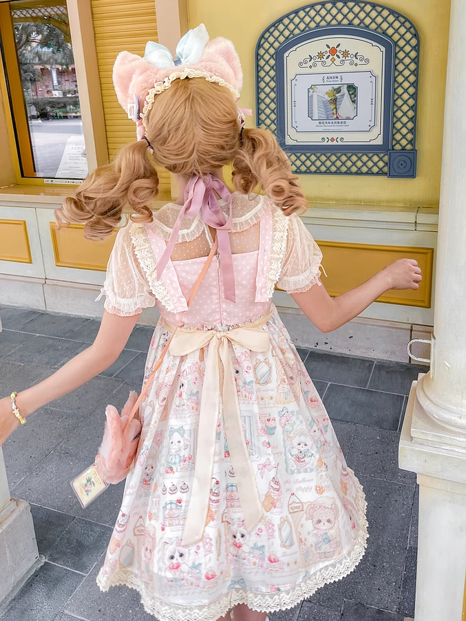 Süßes Lolita-Kleid, Pullover, rosa Flatterärmel, Rock mit Kätzchen- und Kuchen-Print
