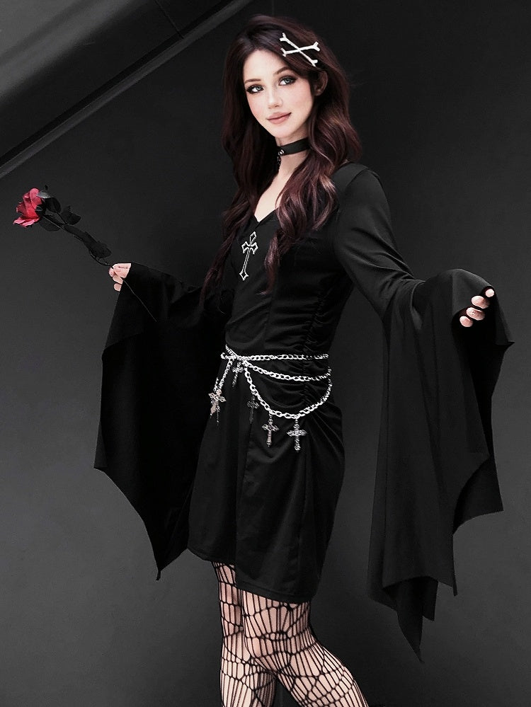 Gothic Punk Black Cross V-neck Flounce Bell Sleeves Dress with Waistchain Set
