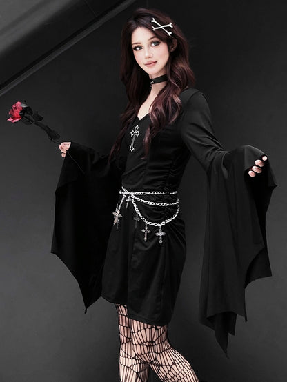 Gothic Punk Black Cross V-neck Flounce Bell Sleeves Dress with Waistchain Set