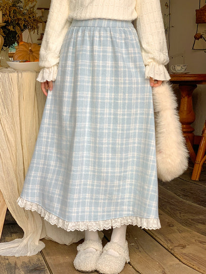 ブルーのチェック柄ハイウエストレーストリムミディスカート