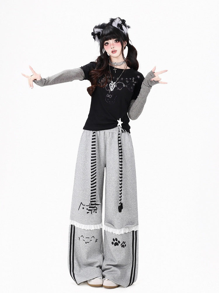 Casual Gray Kitty Print Straight Pants with Lace Trim and Belt - CRAZY GIRL