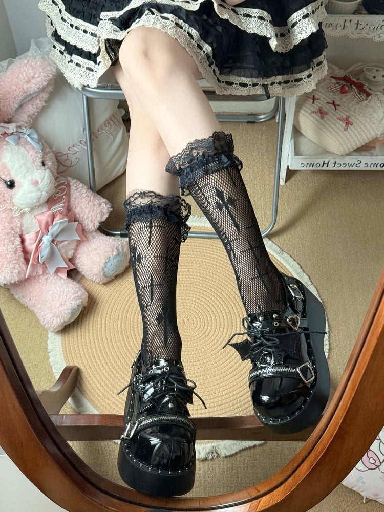Cross-Patterned Fishnet Lace Calf Socks in Black and White - Fantasy Doll