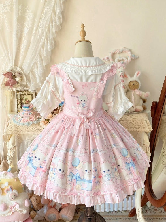 Süßes Lolita-Overallkleid mit rosa Kätzchen- und Tupfenmuster